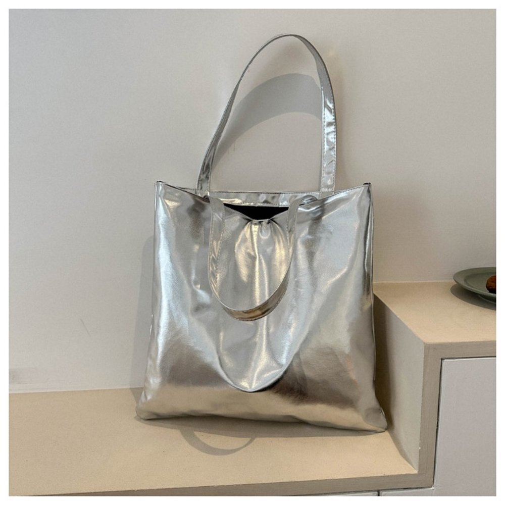 Women's Large PU Leather Square Zipper Tote Bag Metallic Silver
